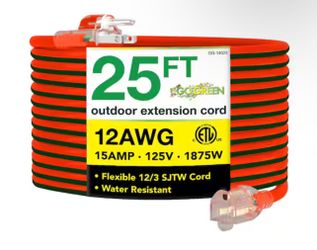 Power 25 ft. 12/3 SJTW Extension Cord - Orange with Lighted Green End