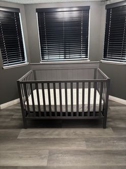 Gray Baby Crib with Mattress