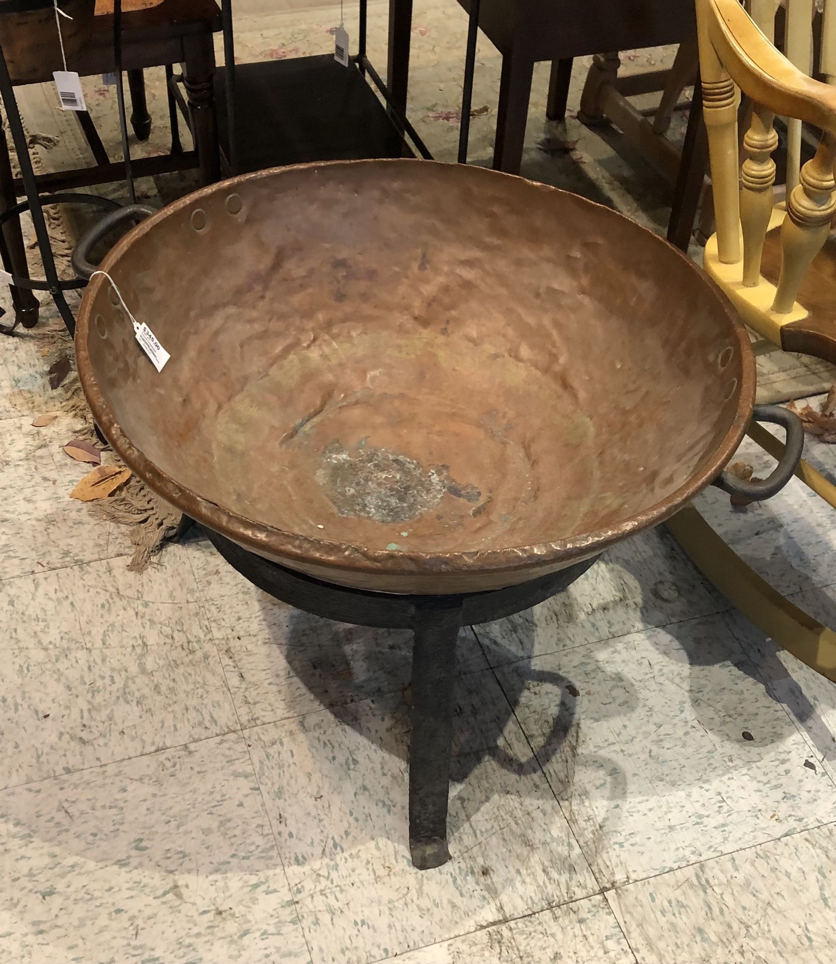 Antique hammered copper jam pot and stand