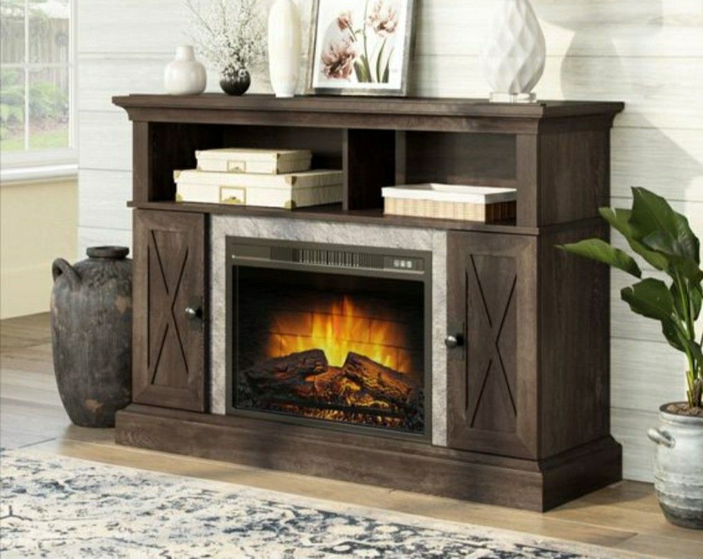 Kellum Media Fireplace Console for TV's up to 58”, Rustic Brown Finish