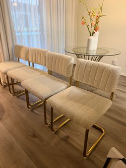 Boucle White Mid Century Dining Chairs with gold metal legs