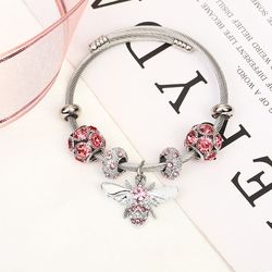 Pandora style bee charm bracelet(silver pink)