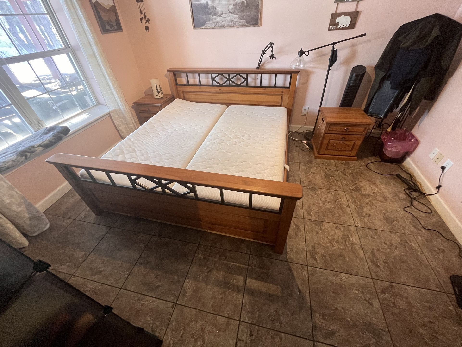 King Size Bedroom Set. Bed Frame, 2 Night Stands, Mirror, and Dresser.