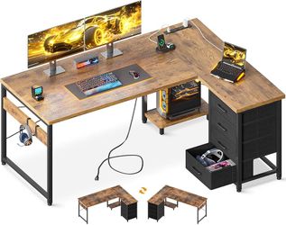 AODK L Shaped Desk Gaming Desk with LED Light & Power Outlet, 61 Inch Reversible L Shaped Computer Table with Shelf