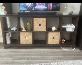 Dark Brown Cube Bookshelf / TV Stand + 2 Seagrass Baskets