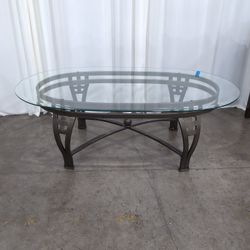 Oval Glass Coffee Table with Dark Metal Base