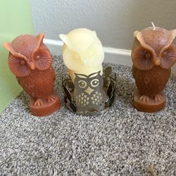 3 Owl Candles And Candle Holder 
