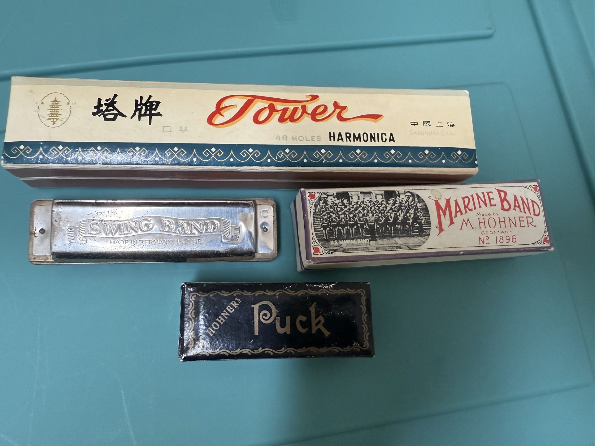 Lot Of 4 Harmonicas M Hohner Puck Marine Band And Swing Band