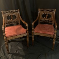  2 Antique Monogrammed “F” Wood/ Cane Regency Style Chairs With Tasseled Cushions