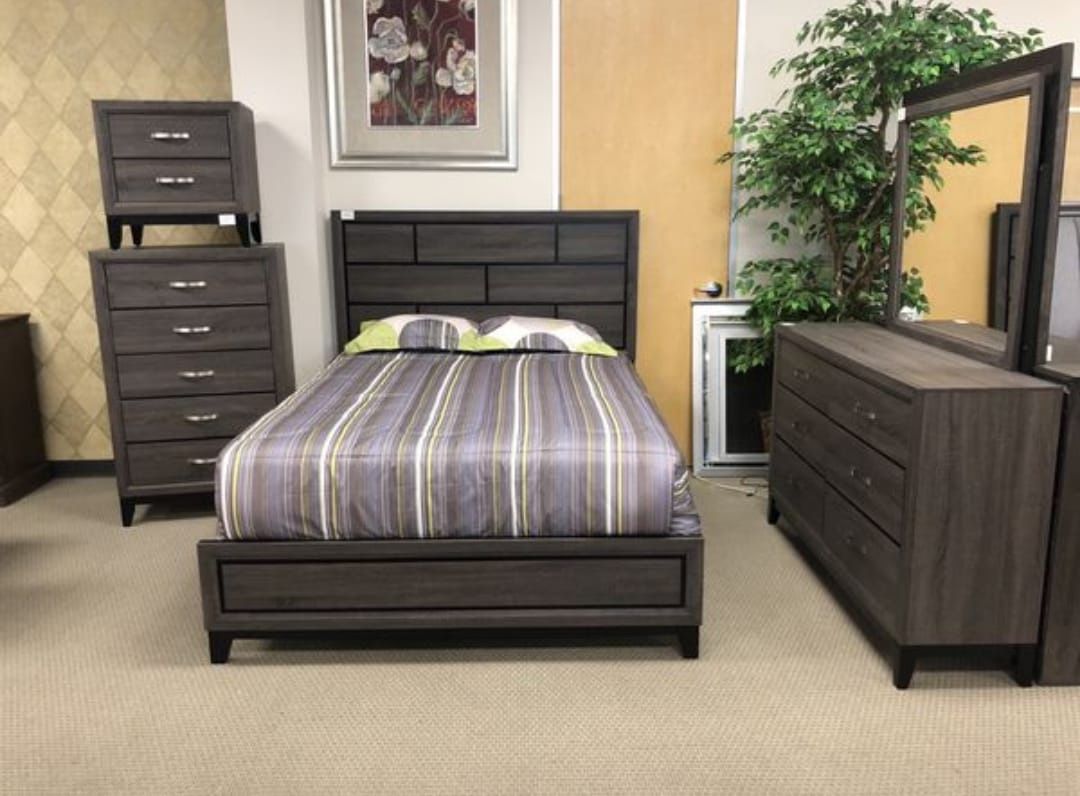 Brand New Gray Panel Bedroom Set, Bedroom Furniture (bed frame, Dresser, mirror, nightstand)
