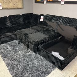 BLACK SUPER SOFT CORDUROY SLEEPER U SECTIONAL WITH STORAGE CHAISE COUCH SET 
