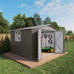 10 x 8 FT Outdoor Storage Shed, Large Metal Storage Shed, Lockable Door and Air Vent, Clear Window Garden Tool Shed for Bicycles, Tools, Lawnmowers, B