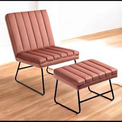  Pink Channel Tufted Lounge Chair Ottoma...