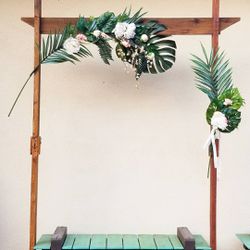 Wedding wood arbor, arbor flower decorations, chair/pew decorations