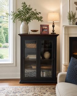 Slim Black Display Cabinet / Storage Cabinet with Glass Doors