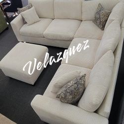 ✅️✅️4 pc ivory cordury fabric upholstered sectional sofa with ottoman✅️