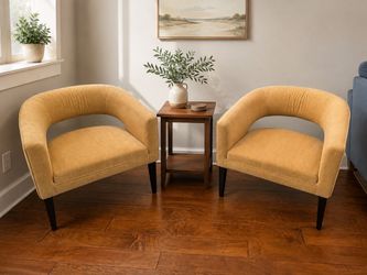 Set of 2 Mustard Gold Barrel Accent Chairs – Modern Open Back