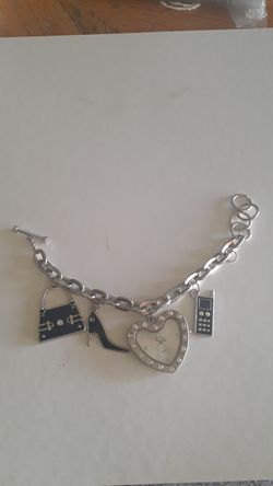 Silver Charm Watch Bracelet w/ phone, high heel, Heart Clock, & Purse