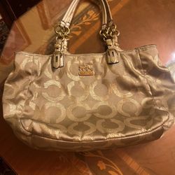 Coach Signature Light Metallic Gold Canvas Leather Trim Zipper Tote Shoulder Bag For Used 
