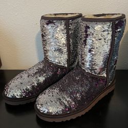 UGG Boots Silver & Purple Reversible Sequin Women’s Size 9 NEW Never Worn