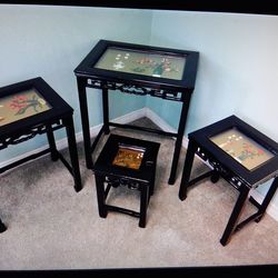 Vintage set for Chinese black Locker nesting tables with inlaid mother of pearl jade scenes