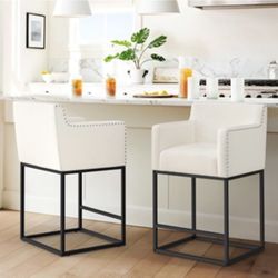 Counter Height Bar Stools Set of 2，Modern Barstools with Open Arms, Black Metal Frames, Linen Fabric Upholstered Bar Stool for Kitchen Island, Home Ba