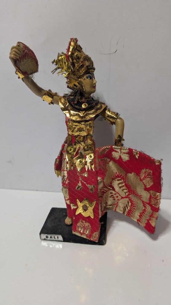 Vintage Balinese Handcrafted Dancer Figurine 8.5" Gilded Costume Fabric Doll Bali