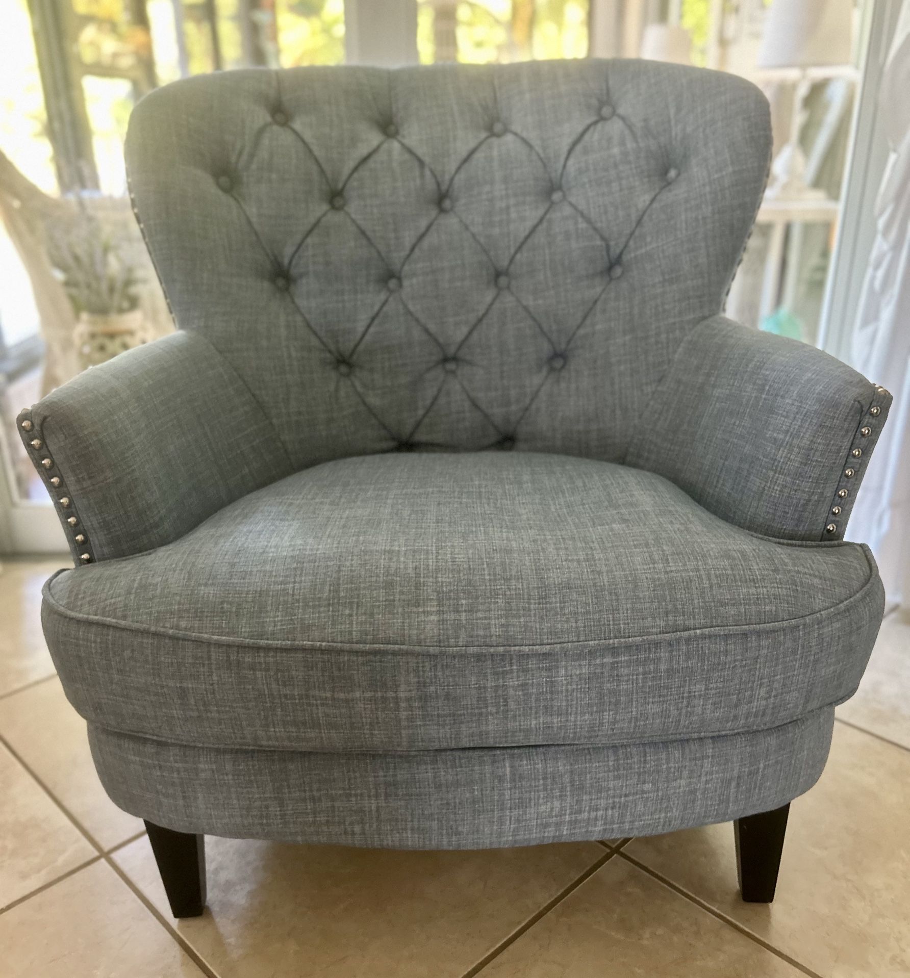 Fabric Club Chair Light Blue With Cushion Excellent Condition. Smoke Free Home Serious Buyers Only.