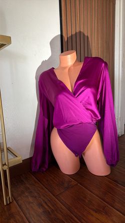Purple Satin Long Sleeve Wrap Bodysuit size L