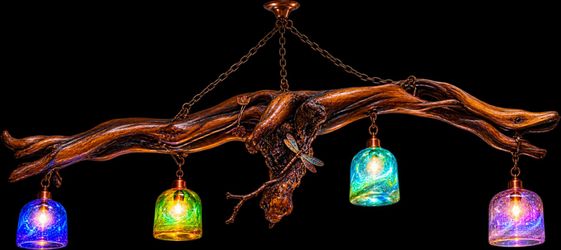 Driftwood Chandelier with Colorful Art Glass Pendants