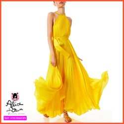 Alice + Olivia Alycia Yellow Chain Neck Belted Pleated Maxi Dress
