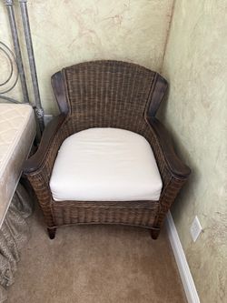 Woven Wicker Accent Chair with Solid Wood Trim and White Seat Cushion