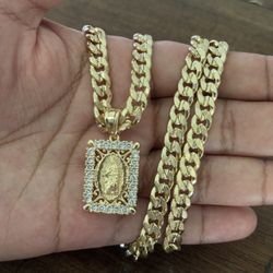 Virgin Mary Pendant With Stones 24 Inch Gold Plated 24 Inch Necklace