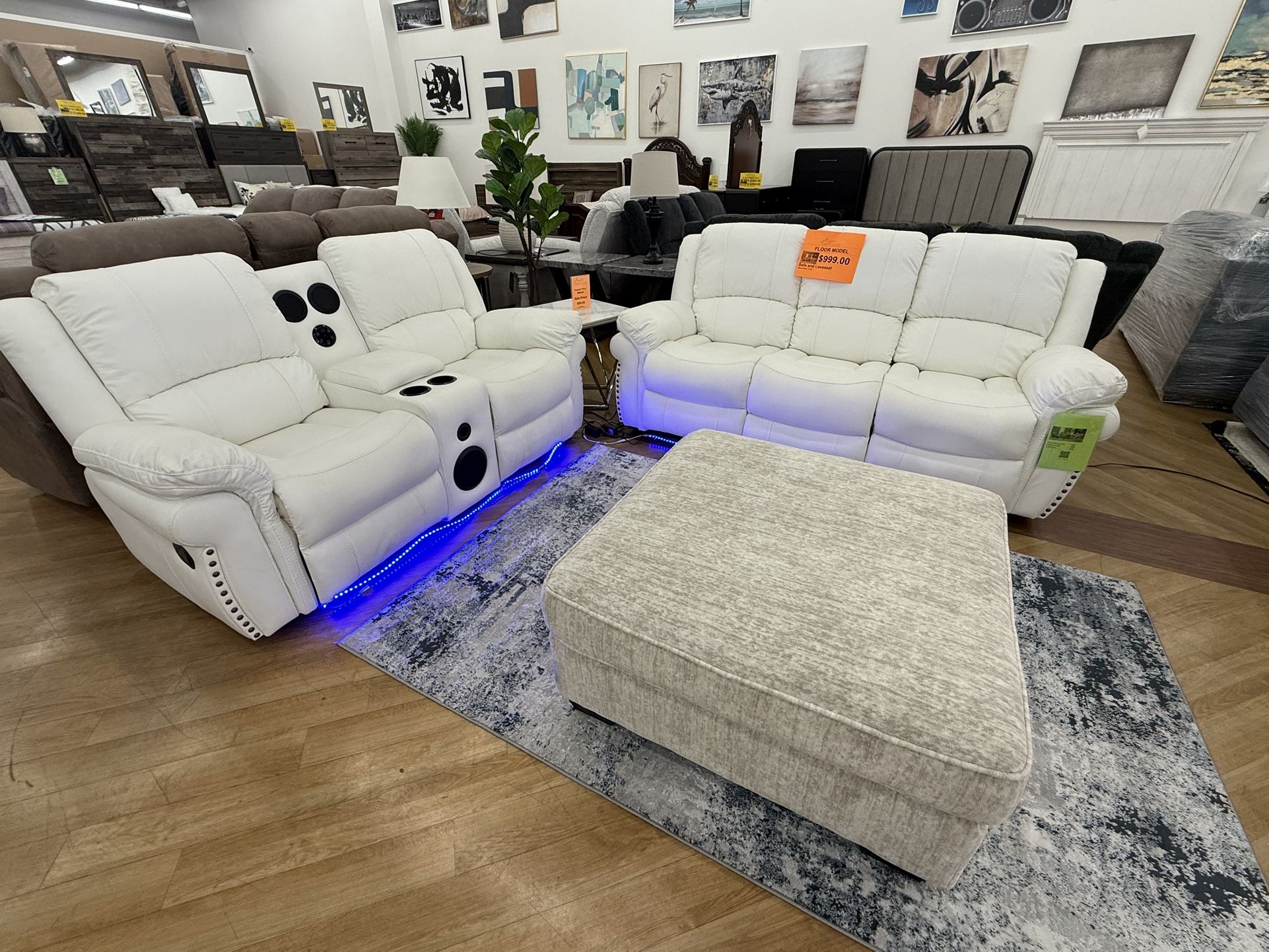 All White Leather Sofa, Loveseat