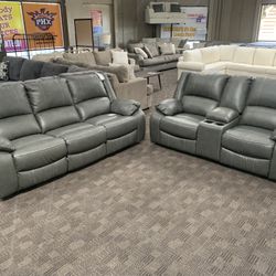 Gray Leather Reclining Sofa Set 
