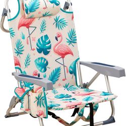  Aluminum Backpack Beach Chair for Adults, Portable Lightweight Reclining Beach Chair with Headrest & Side Pocket, Lay Flat Beach Chair with 5 Positio