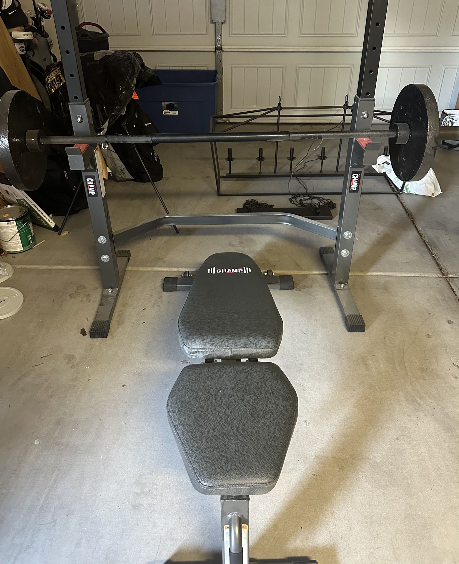 CHAMP Weight Lifting Bench And Half Rack With Weights