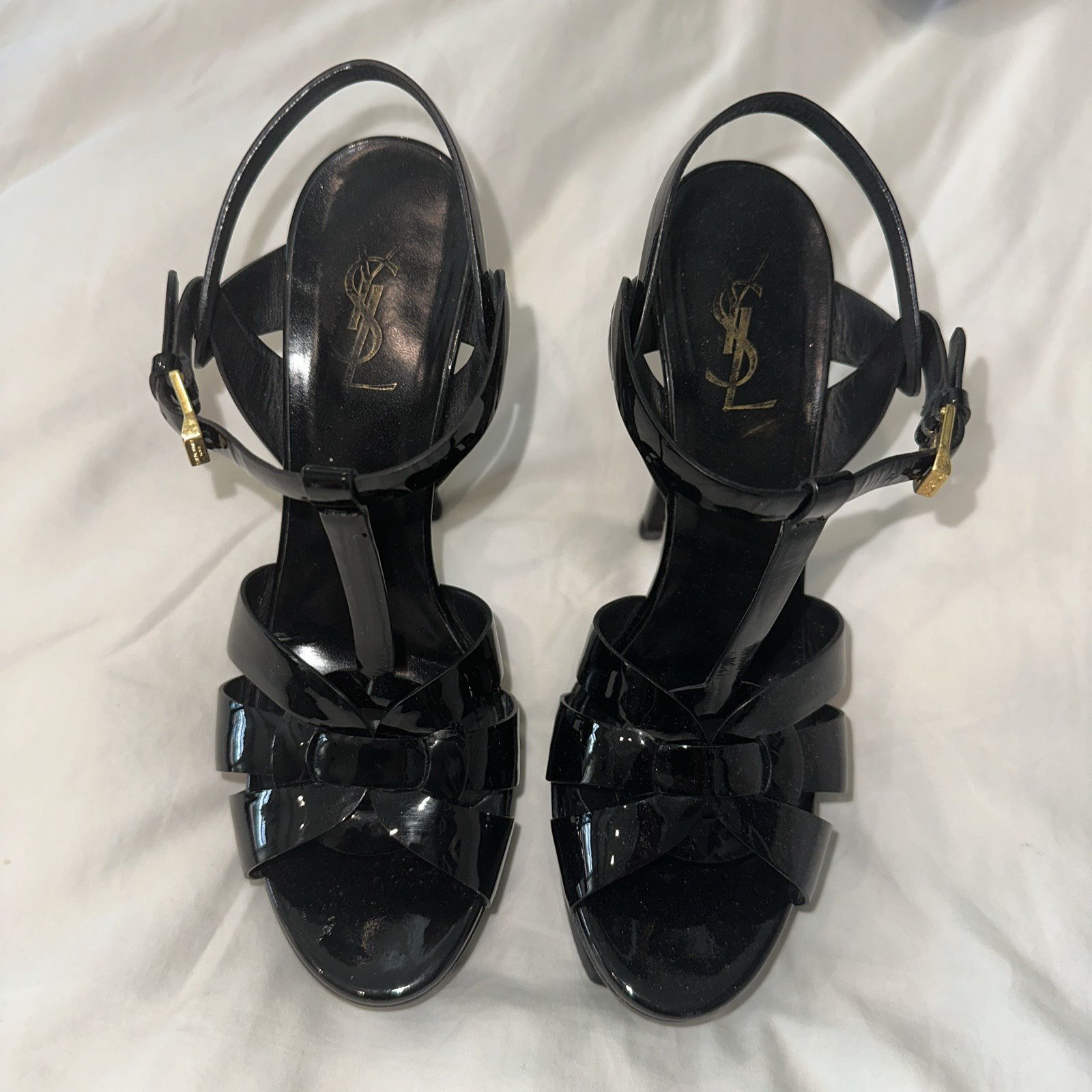 Yves Saint Laurent/YSL Black Patent Leather Tribute Sandals EUR 39.5