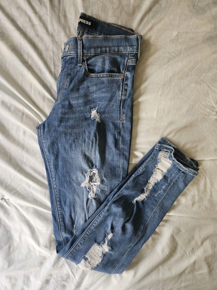 Express Super Skinny Mid Rise Distressed Stretch Jeans - Medium Wash - Size 2L