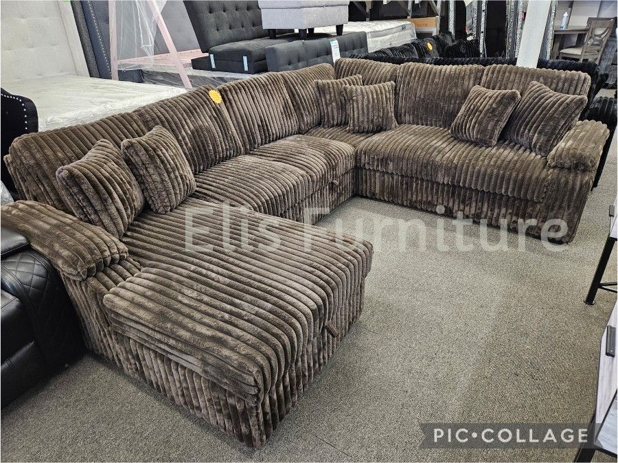 New Sectional Corduroy With Pull Out Bed & Storage Chaise $1499