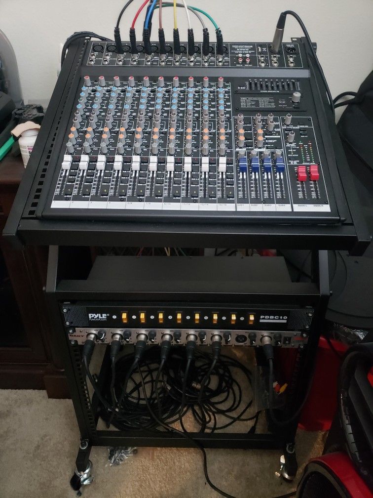 Monoprice 16ch Mixer, Nady Mic Preamp. Pyle Power Supply And Rack