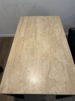 Crate & Barrel Travertine + Steel Table with Two Crate & Barrel Chairs