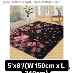 Pink Cherry Blossom Rug 5x8-5x8 Rug, Black Area Rugs for Bedroom, Spring Flower Rugs, Japanese Washable Carpet, Aesthetic Carpet - Japanese Home Decor