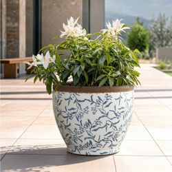 Blue and White Round Planter Pot with Floral Pattern, Large Ceramic Pot with Drainage 15.2'' Dia ，PL2704-L