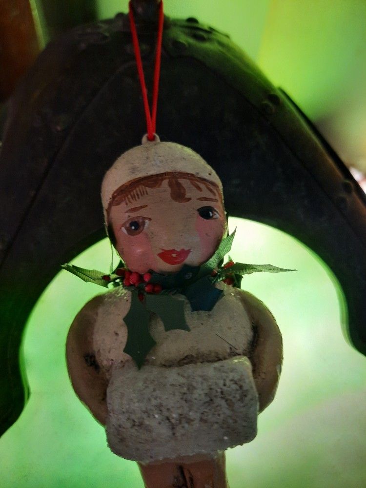 (RARE) 3 Penny Mcallister 2004 Paper Mache Girl with Muff Hanging Christmas Figurine