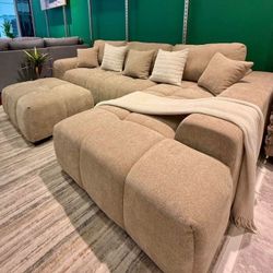 Beige Linen Sofa Sectional With Ottoman 