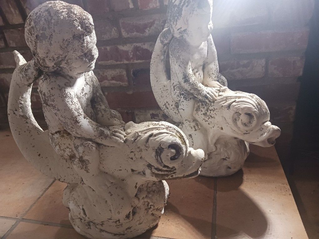 Concrete   Fountain Statues  Boy On A Fish  (Pair)