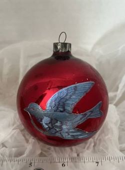 Vtg Mercury Glass Red 2 1/2" Ball Ornament w/ Blue Foil Bird Decal USA