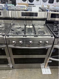 New open box Samsung 30 in. 5-Burner Freestanding Smart Double Oven Gas Range in Fingerprint Resistant Stainless Steel with Air Fry