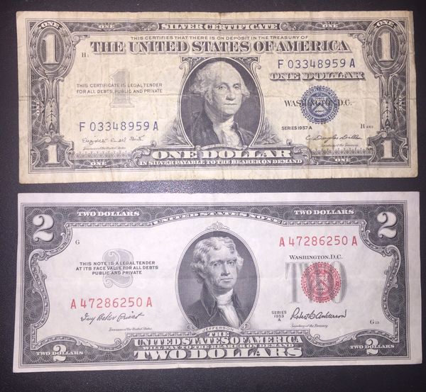 1957a Silver Certificate 1 Dollar Bill 1953a Red Seal 2 Dollar Error Miscut Bill 1957a Silver Certificate 1 Dollar Bill 1953a Red Seal 2 Dollar Error Miscut Bill